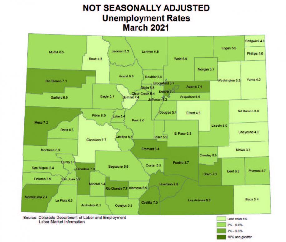 2021年3月科罗拉多州各县的失业率